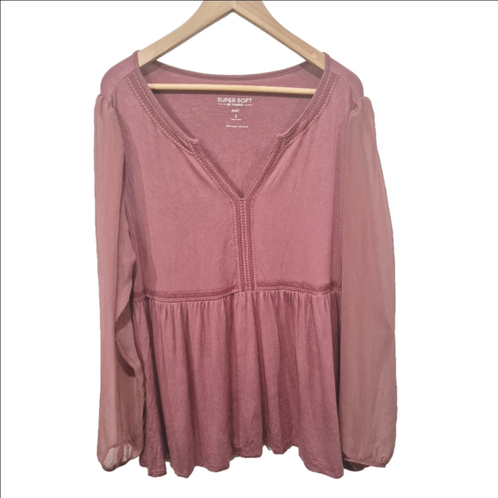 Torrid Super Soft Mauve Babydoll Top - Mixed Media Sheer Sleeve